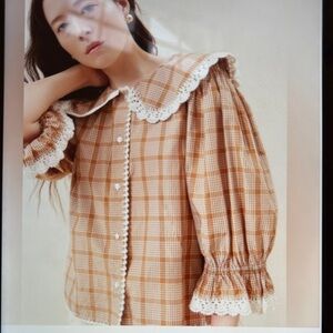 Checked Lace-Trim Puff Sleeve Top - Tan